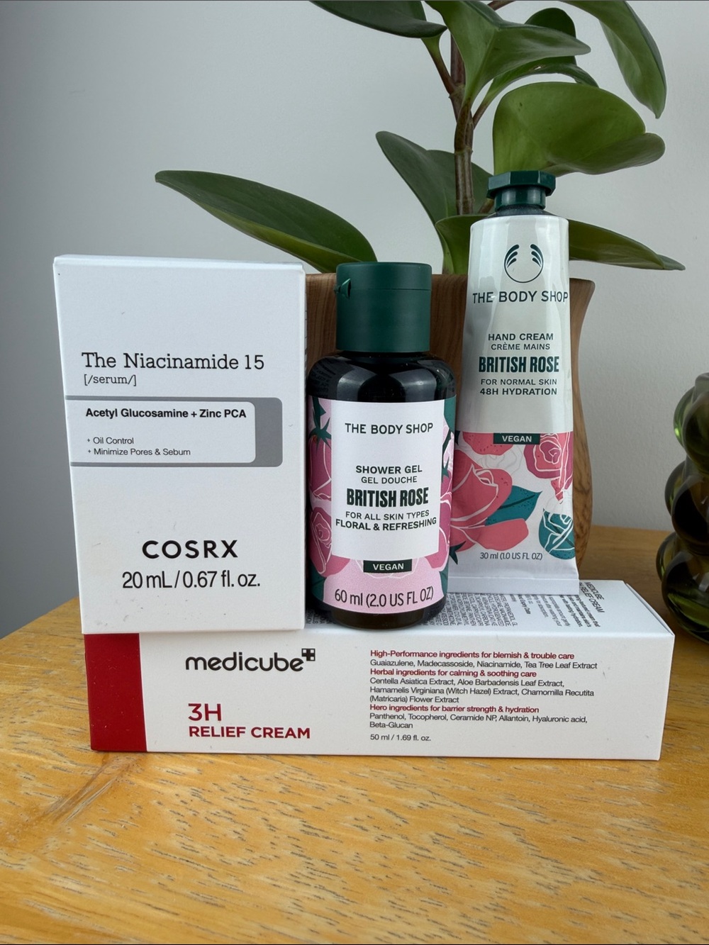 COSRX Niacinamide 15, Medicube 3H Relief Cream&The Body Shop British Rose Bundle